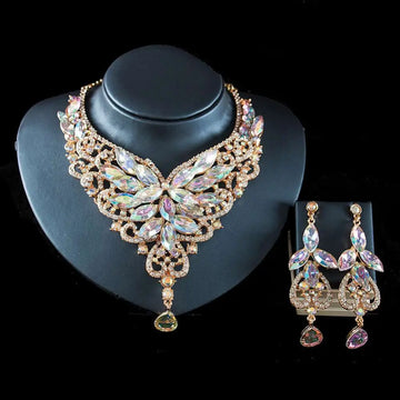 Elegant gold-toned american color exaggerated bride jewelry set with iridescent marquise crystals and cascading leaf design
