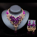 Purple and gold butterfly-themed color exaggerated bride jewelry set with faceted crystals for exaggerated bride jewelry