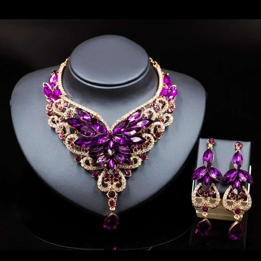Purple and gold butterfly-themed color exaggerated bride jewelry set with faceted crystals for exaggerated bride jewelry