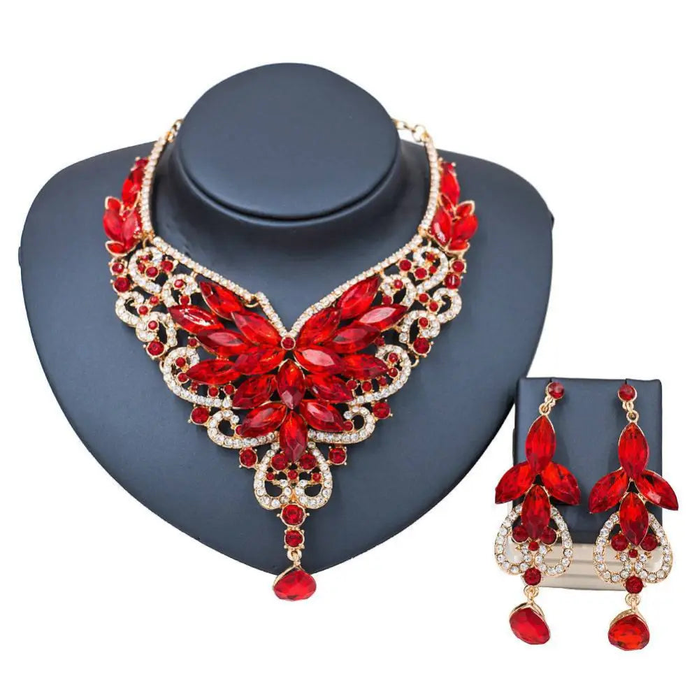 Elegant red and gold crystal color exaggerated bride statement necklace set with floral design and matching earrings for speed selling explosion