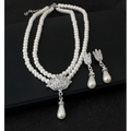 Elegant two-strand white pearl jewelry set with silver lotus pendant and crystal drop earrings for american foreign trade wedding