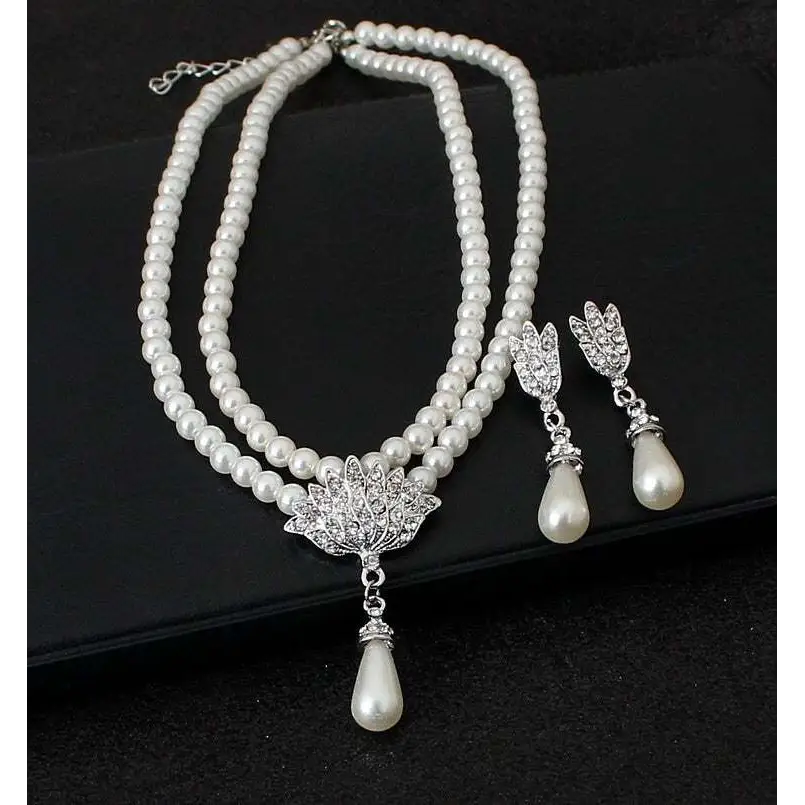 Elegant two-strand white pearl jewelry set with silver lotus pendant and crystal drop earrings for american foreign trade wedding