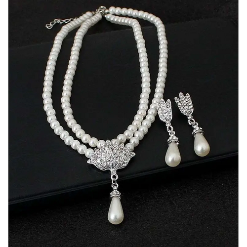 Elegant two-strand white pearl jewelry set with silver lotus pendant and crystal drop earrings for american foreign trade wedding