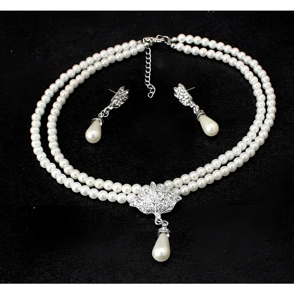 Elegant american foreign trade wedding pearl jewelry set with two-strand faux pearls silver lotus pendant and earrings