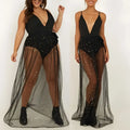 American plus size black sequined mesh slit maxi dress with plunging neckline and sheer starry overlay skirt