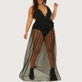 American plus size black sequined mesh slit maxi dress with sheer glittering overlay skirt and bodysuit design