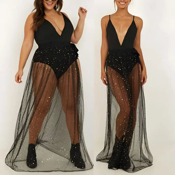 Black american plus size sequined mesh slit maxi dress with a plunging neckline and sheer skirt design