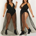 Black sparkly american plus size sequined mesh slit maxi dress with deep v-neck bodice and high slit detail