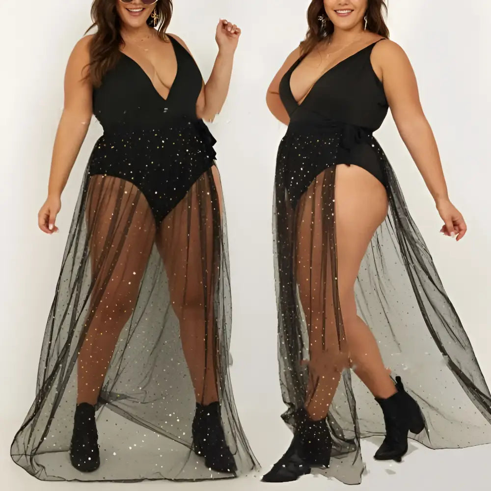 Black sparkly american plus size sequined mesh slit maxi dress with deep v-neck bodice and high slit detail