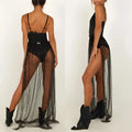 Black american plus size sequined mesh slit maxi dress with sheer overlay and sparkling sequin detailing