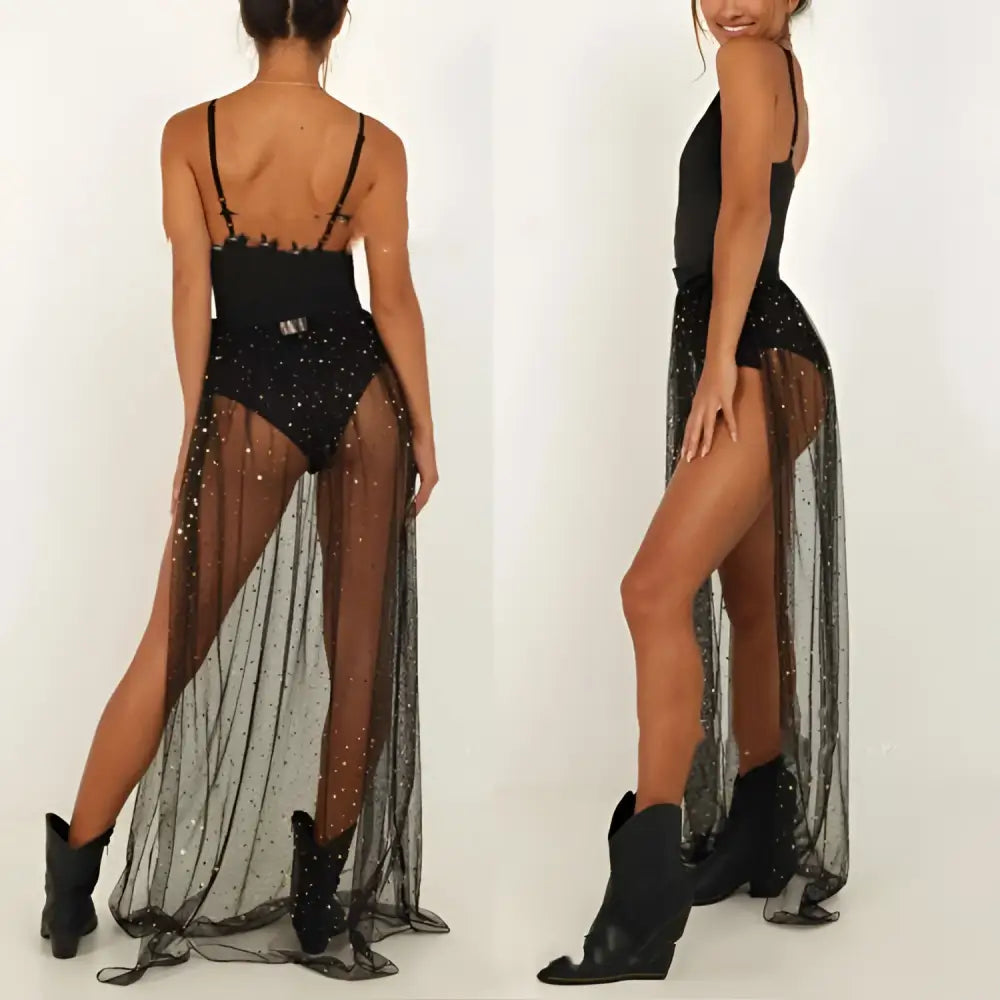 Black american plus size sequined mesh slit maxi dress with sheer overlay and sparkling sequin detailing