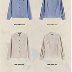 American retro casual striped cotton shirt with soft blue and neutral vertical stripes in a lightweight cotton blend