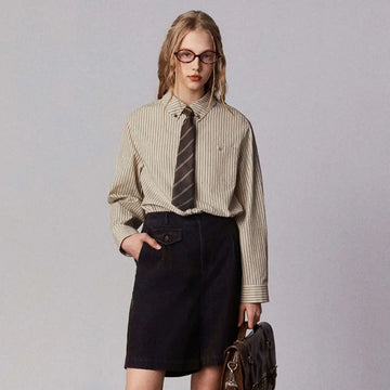 Beige and brown striped american retro casual cotton shirt with classic collar long sleeves and rolled cuffs