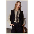 Dark navy corduroy vest with button closures and patch pockets paired with american retro casual striped cotton shirt