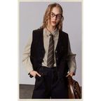 Dark navy corduroy vest with button closures and patch pockets paired with american retro casual striped cotton shirt
