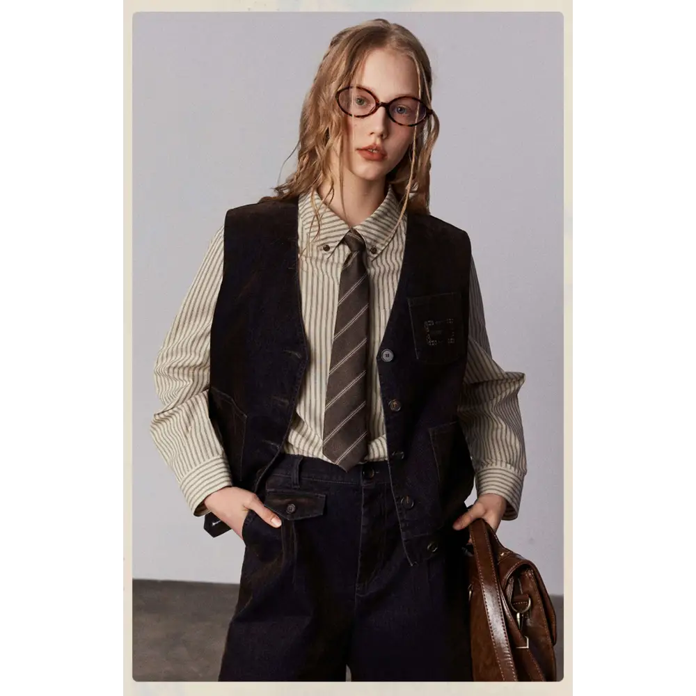 Dark navy corduroy vest with button closures and patch pockets paired with american retro casual striped cotton shirt