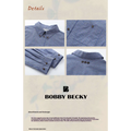 American retro casual blue and white striped cotton shirt with classic collar and dark brown buttons in casual fashion classic style