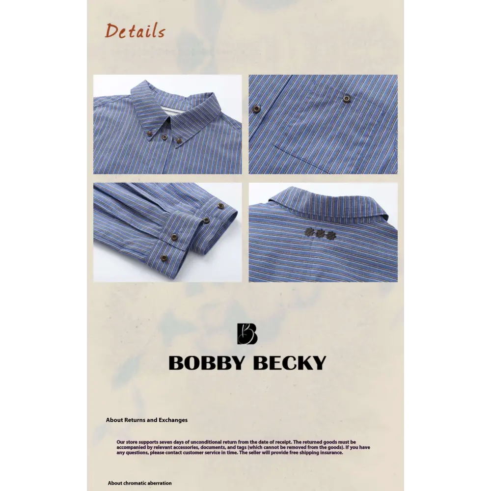 American retro casual blue and white striped cotton shirt with classic collar and dark brown buttons in casual fashion classic style
