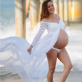 American white sexy maternity dress with flowing off-the-shoulder design and long sleeve lace detailing
