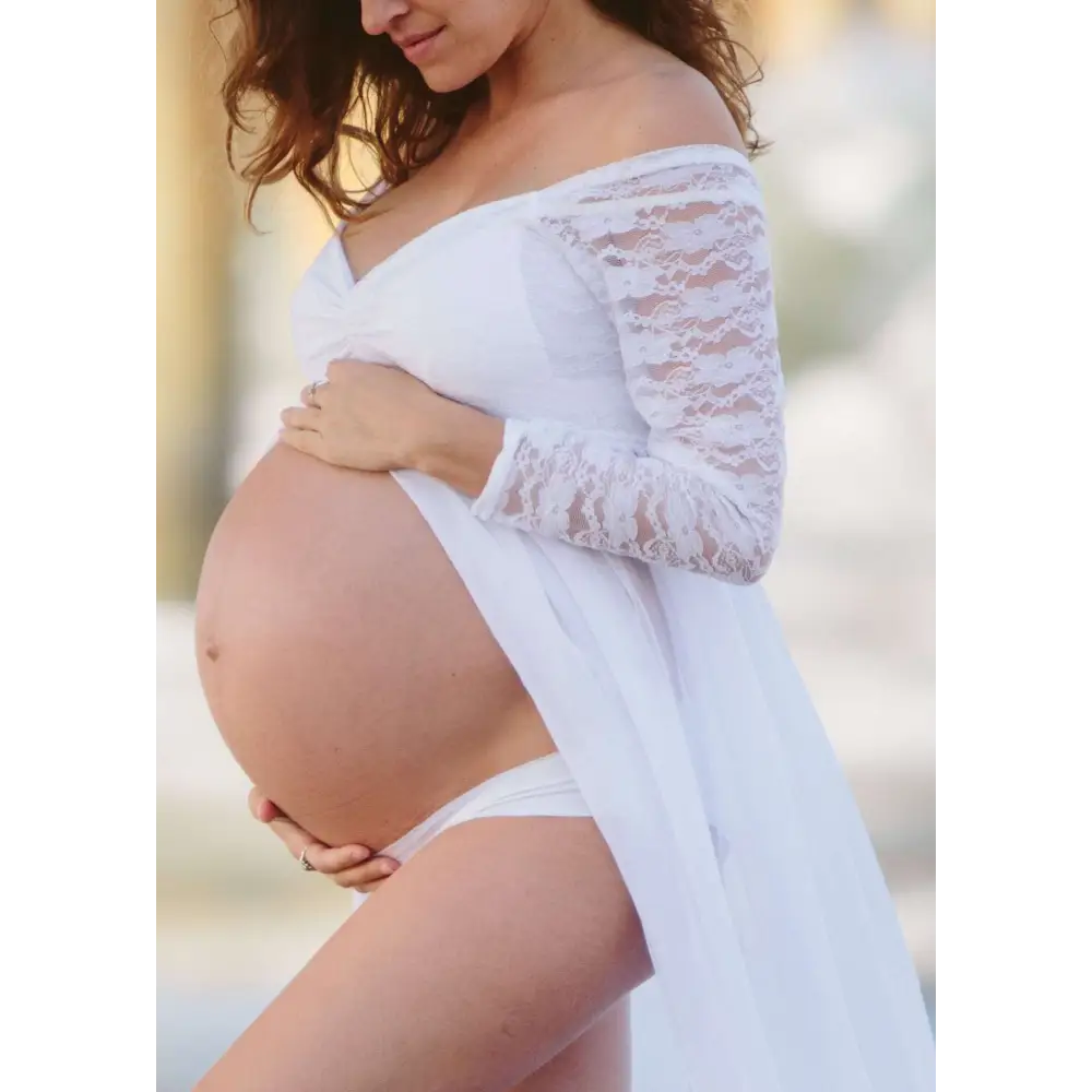 American white sexy long sleeve lace maternity dress with off-the-shoulder sheer sleeves and flowing skirt