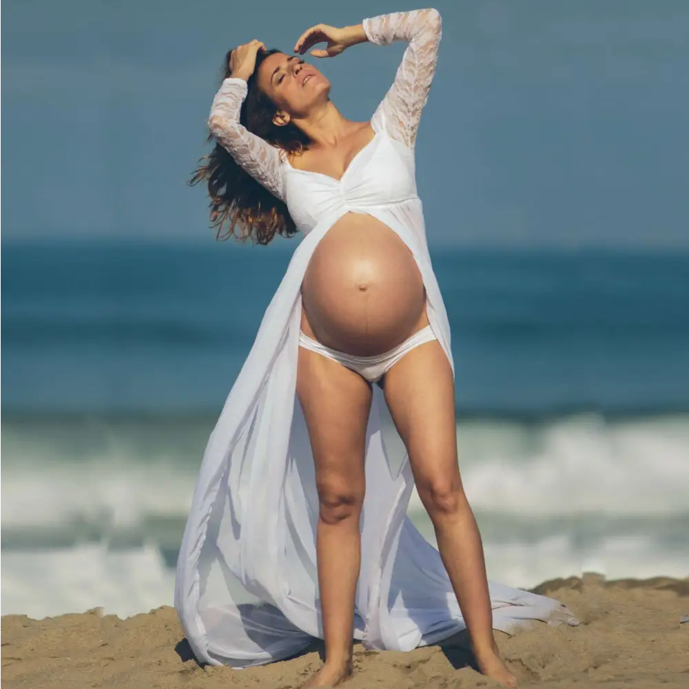 American white sexy long sleeve lace maternity dress with flowing fabric and draped front design for expectant mothers