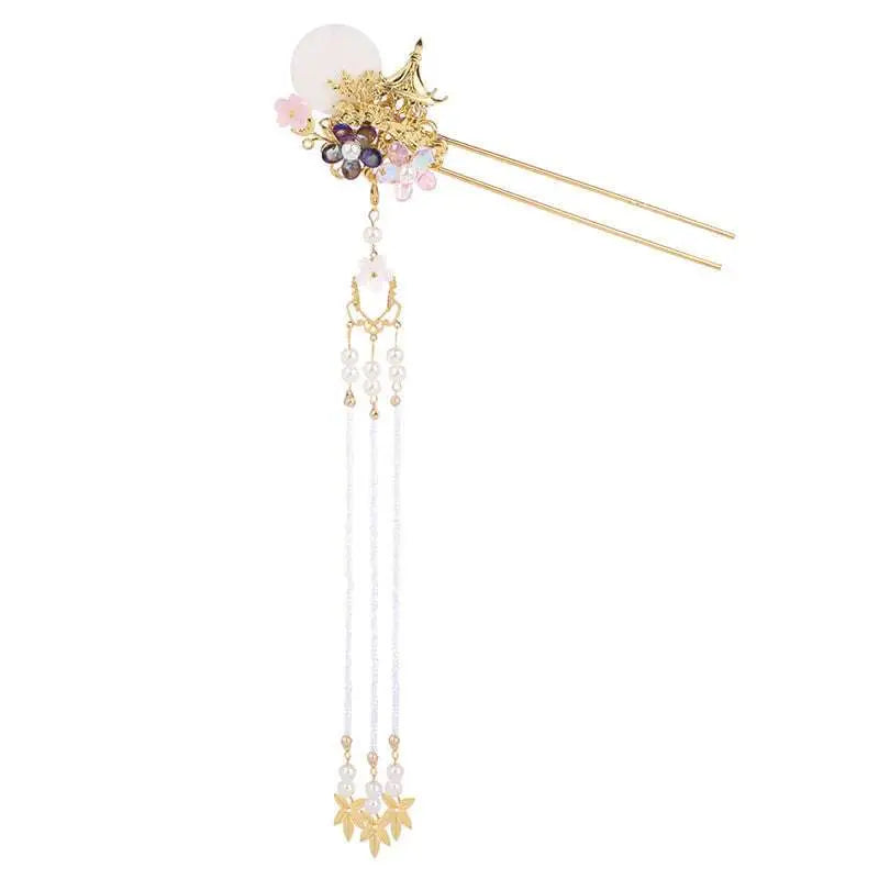 Elegant gold ancient costume hairpin adorned with white disc, iridescent gemstones, pearls, and floral hairpin accessories tassel