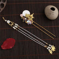 Elegant gold ancient costume hairpin adorned with white jade disc, iridescent gemstones, and hairpin accessories tassel pearls