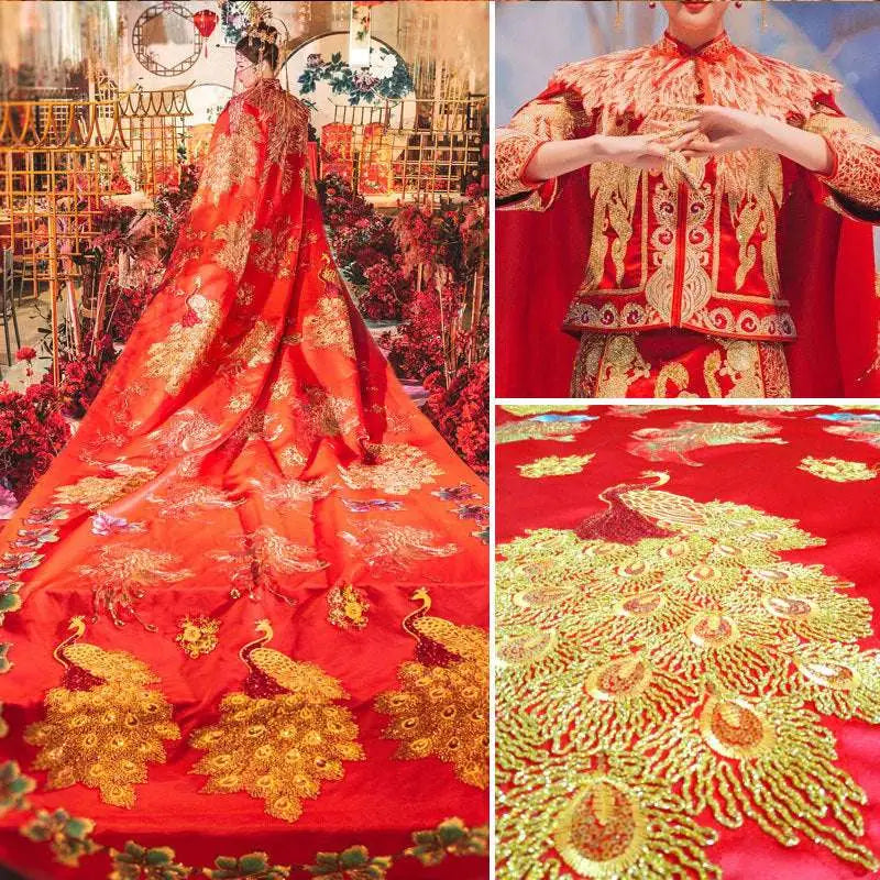 A vibrant red ancient xiuhe dress with intricate gold peacock embroidery and floral patterns featuring a flowing train