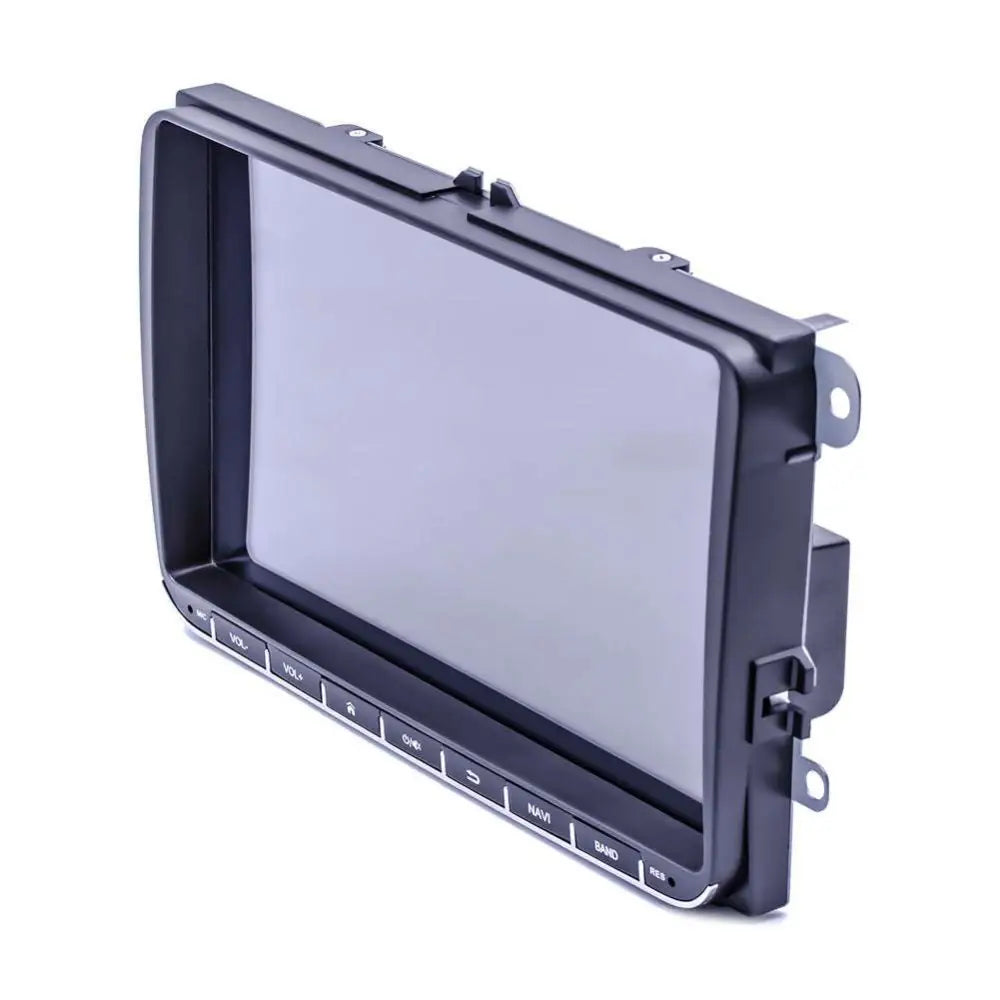 Black plastic android gps navigation car infotainment system with rectangular screen and physical buttons in white variable case mp5