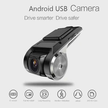 Black and silver android usb car dvr driving recorder camera with textured grip and circular speaker grille