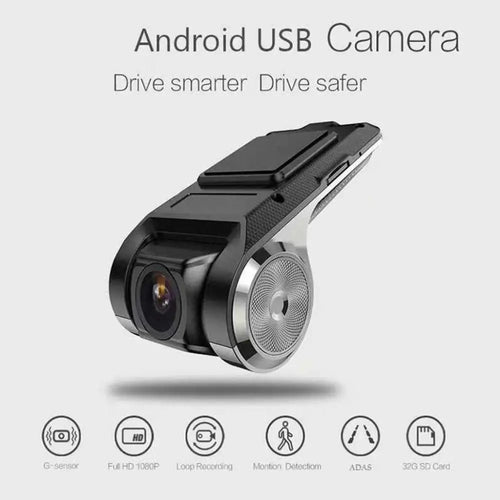 Black and silver android usb car dvr driving recorder camera with textured grip and circular speaker grille