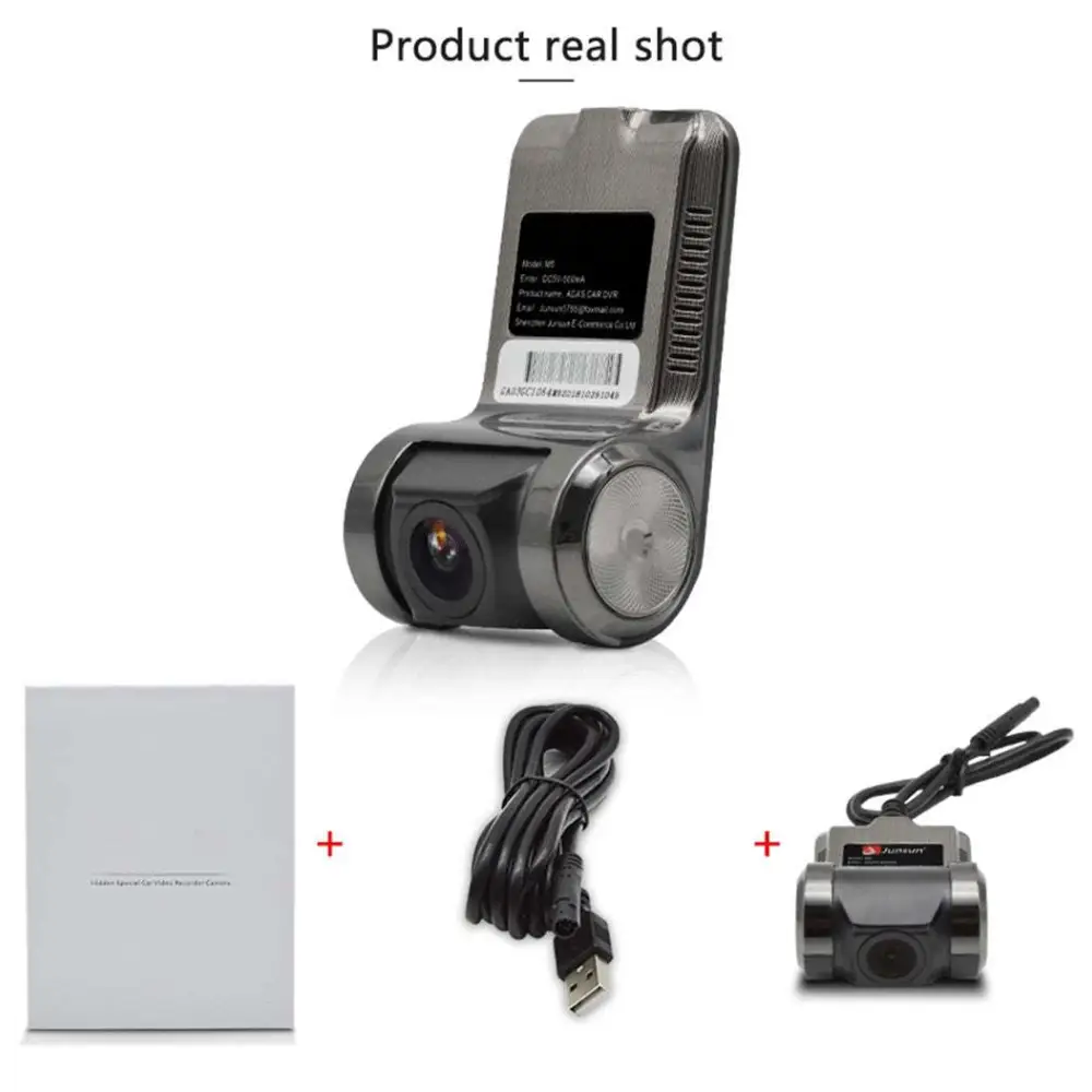 Black and silver android usb car dvr driving recorder camera with textured grip and circular speaker grille