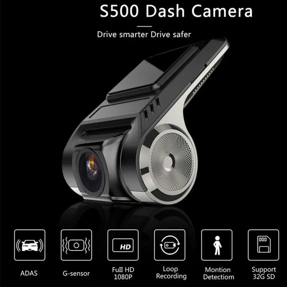 Black and silver s500 android usb car dvr driving recorder camera with circular speaker grille and sleek modern design