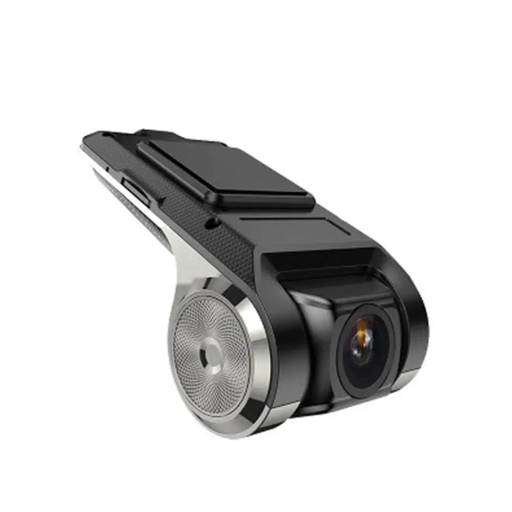 Black and silver android usb car dvr driving recorder camera with dual-lens and textured grip for clear recording