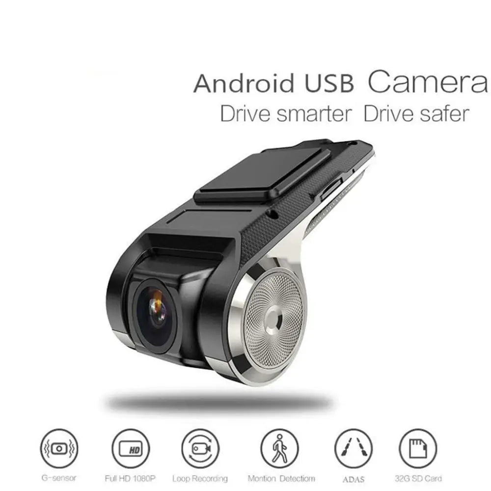 Black and silver android usb car dvr driving recorder camera with textured grip and circular speaker grille design