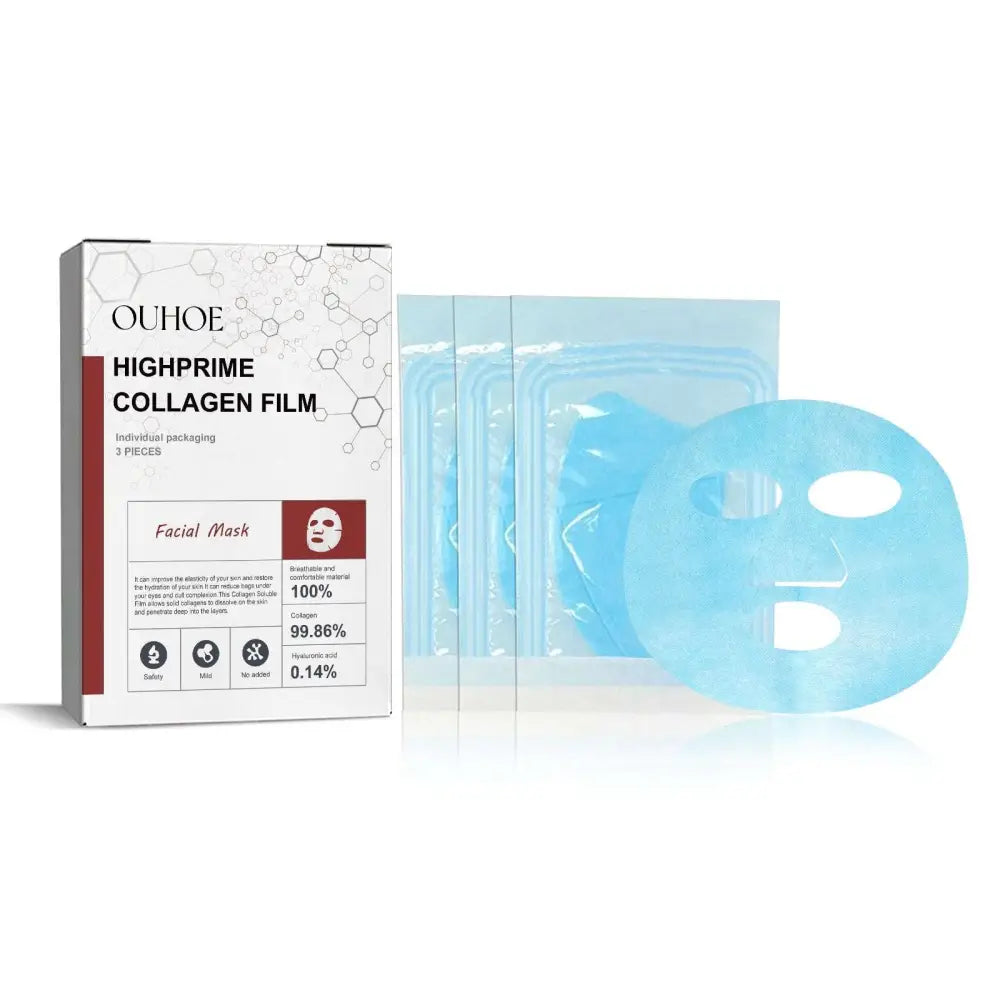 Light blue translucent anti-aging collagen mask with branded packaging to reduce wrinkles fine lines effectively