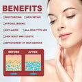 A woman with fair skin gently touches her cheek showing benefits of blue translucent anti-aging collagen mask to reduce wrinkles fine
