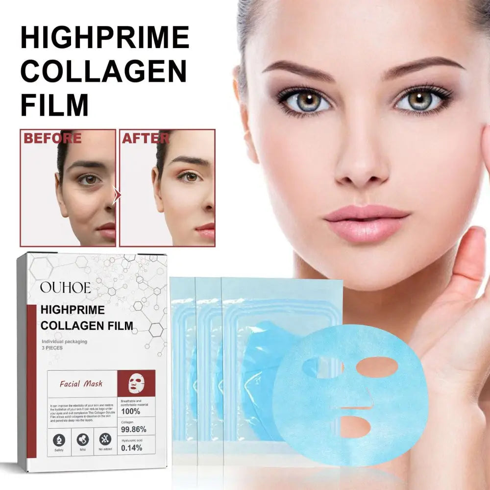 Light blue translucent anti-aging collagen mask film in individual packaging to reduce wrinkles fine lines