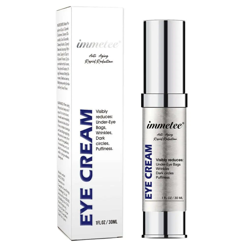 Silver-topped sleek metallic tube of immetee anti-aging eye cream with silver pump to lighten eye bags and reduce wrinkles