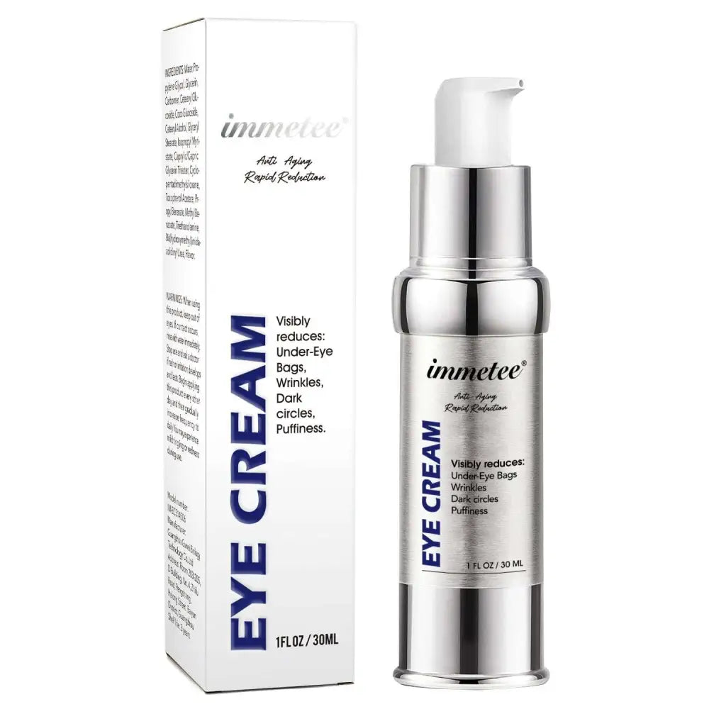 Silver pump bottle of immetee anti-aging eye cream designed to lighten eye bags and reduce signs of aging