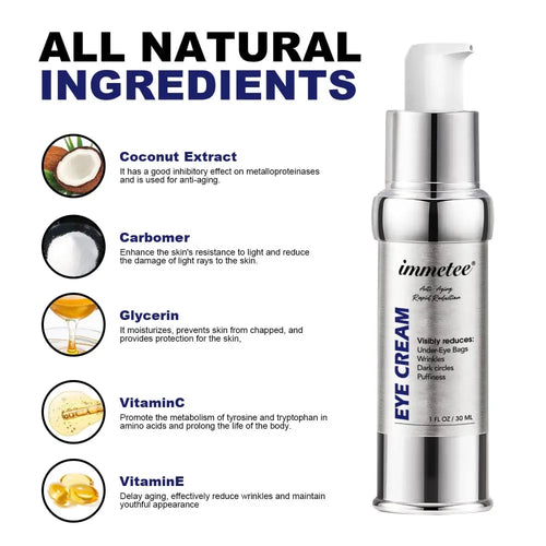 Silver pump bottle of immetee anti-aging eye cream designed to lighten eye bags and reduce signs of aging