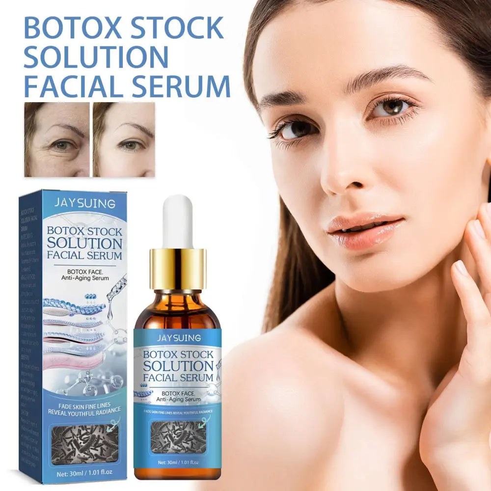Jay suing anti-aging facial firming serum in a sleek amber glass bottle with gold dropper cap and blue label