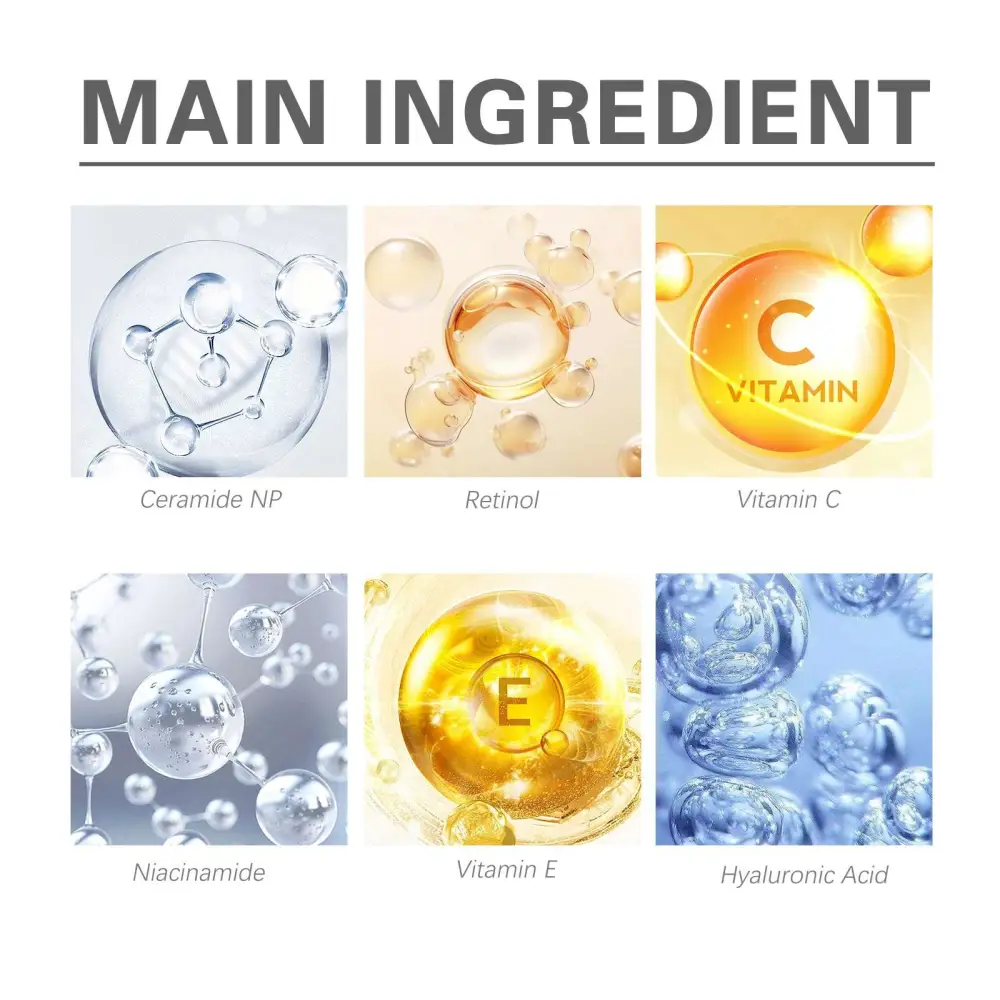 The six molecular structures of skincare ingredients in jaysuing anti-aging facial firming serum are displayed