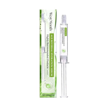 Clear glass syringe-style bottle of anti aging hydrating solution serum with white plunger and green and white box packaging