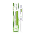 Clear glass syringe-style bottle of west month anti aging hydrating solution serum with white cap in green box
