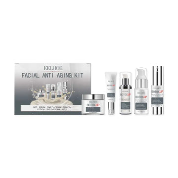 Eelhoe botoxup anti-aging kit with hyaluronic acid and ascorbic acid in sleek silver glass bottles for lightening fine lines