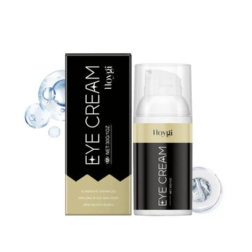 Black and gold anti aging moisturizing eye cream in a sleek pump bottle with matching box to eliminate wrinkles