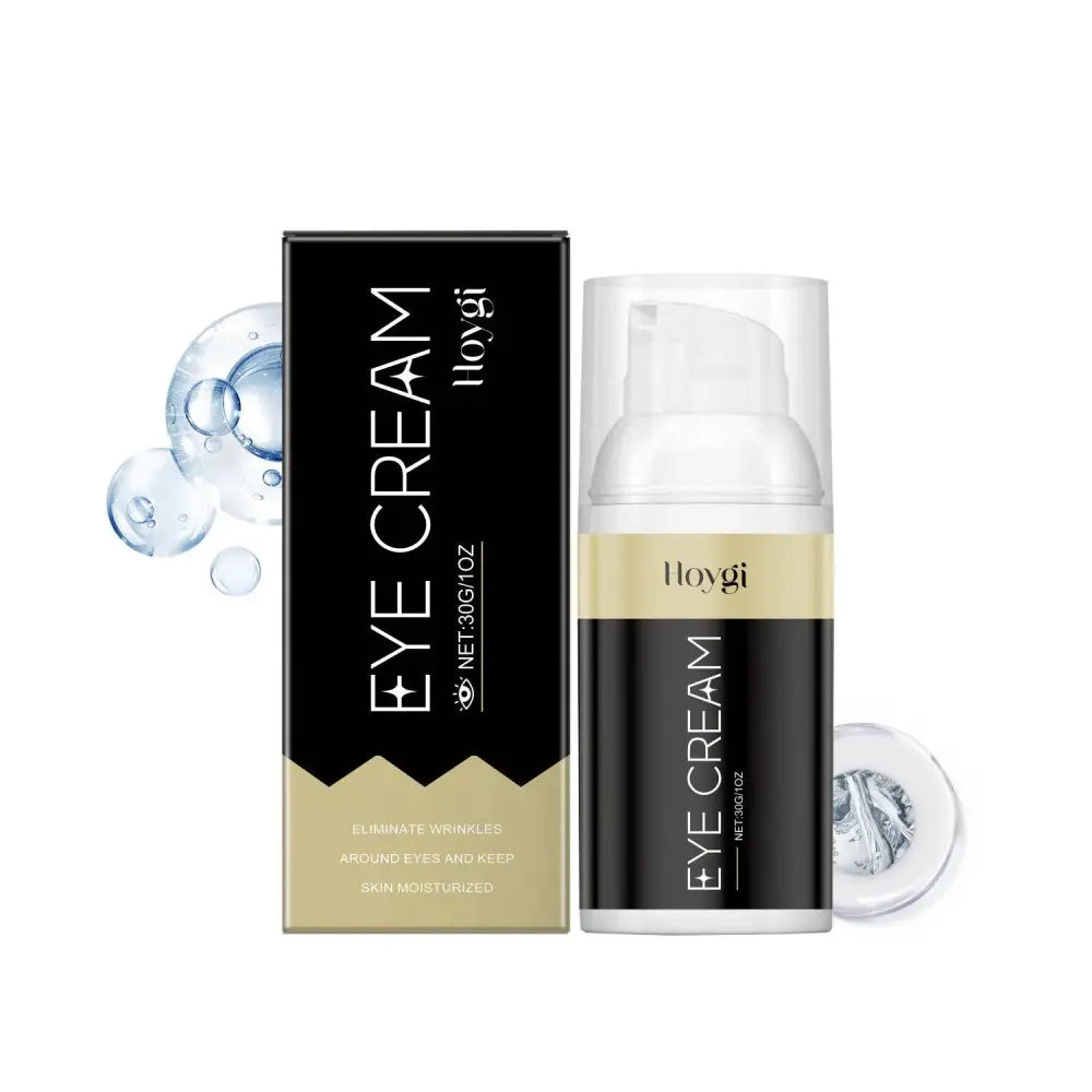 Black and gold anti aging moisturizing eye cream in sleek pump bottle with matching box for wrinkle elimination