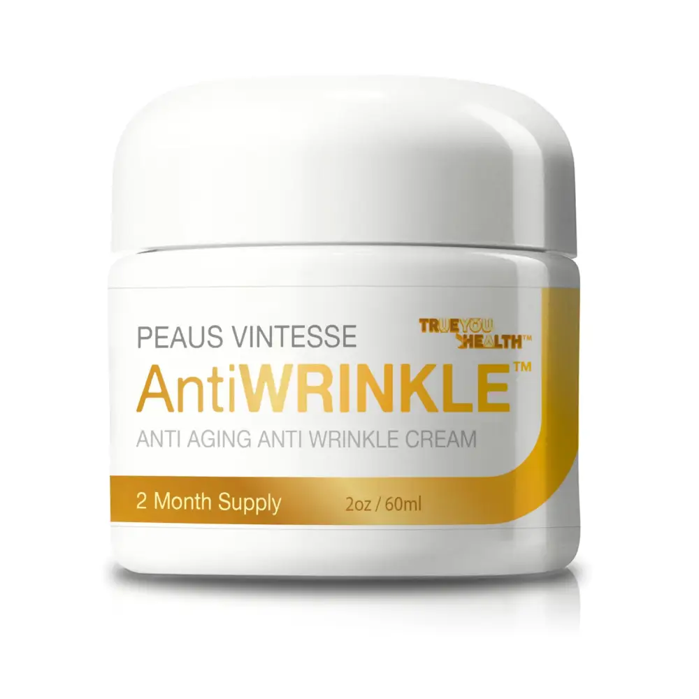 White plastic jar of peaus vintesse anti aging moisturizing face cream with gold label from true you health