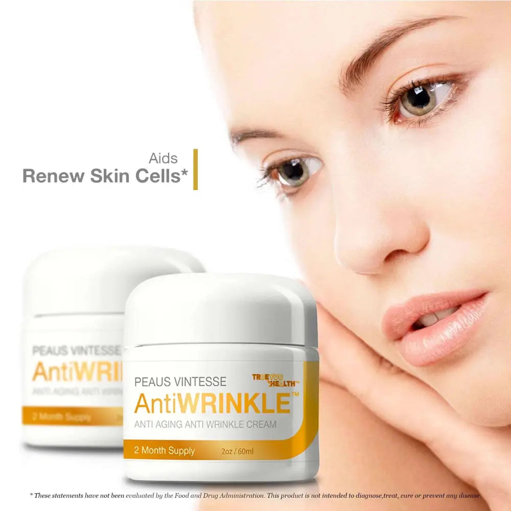 White and orange labeled jar of peaus vintesse anti aging moisturizing face cream for wrinkle reduction and hydration